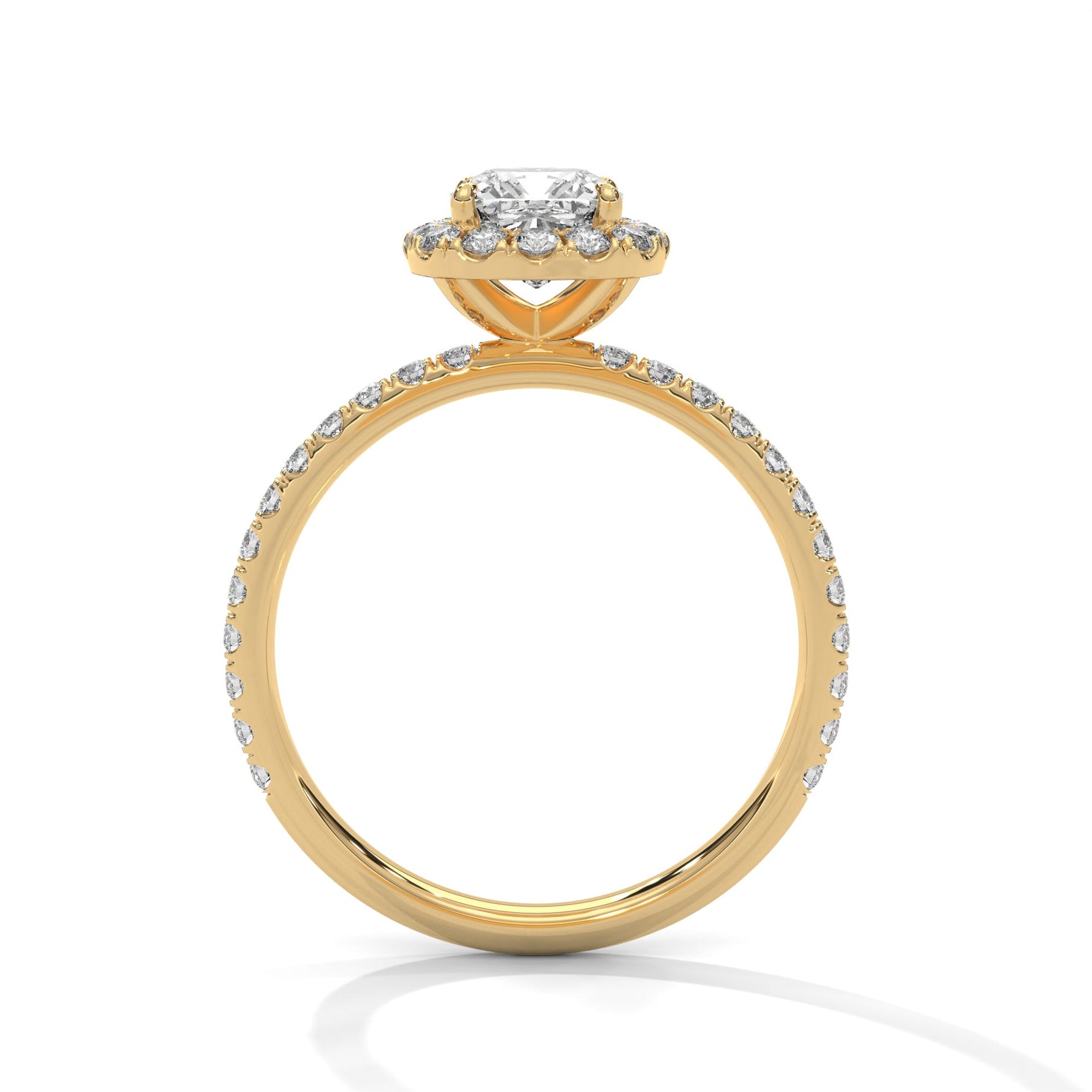 Gold ring with a large diamond on a white background 