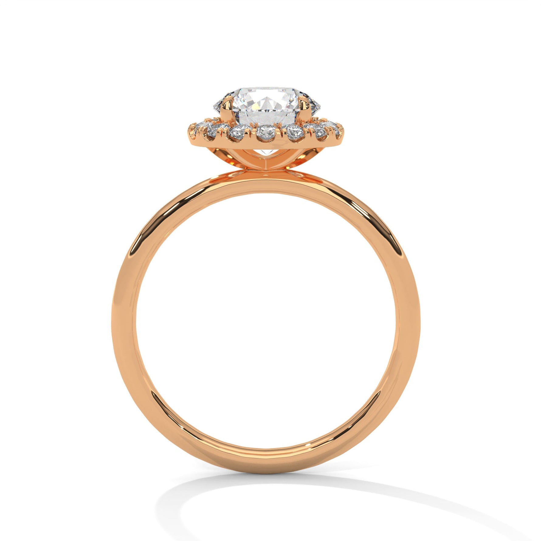 Rose gold ring with a large diamond on a white background 