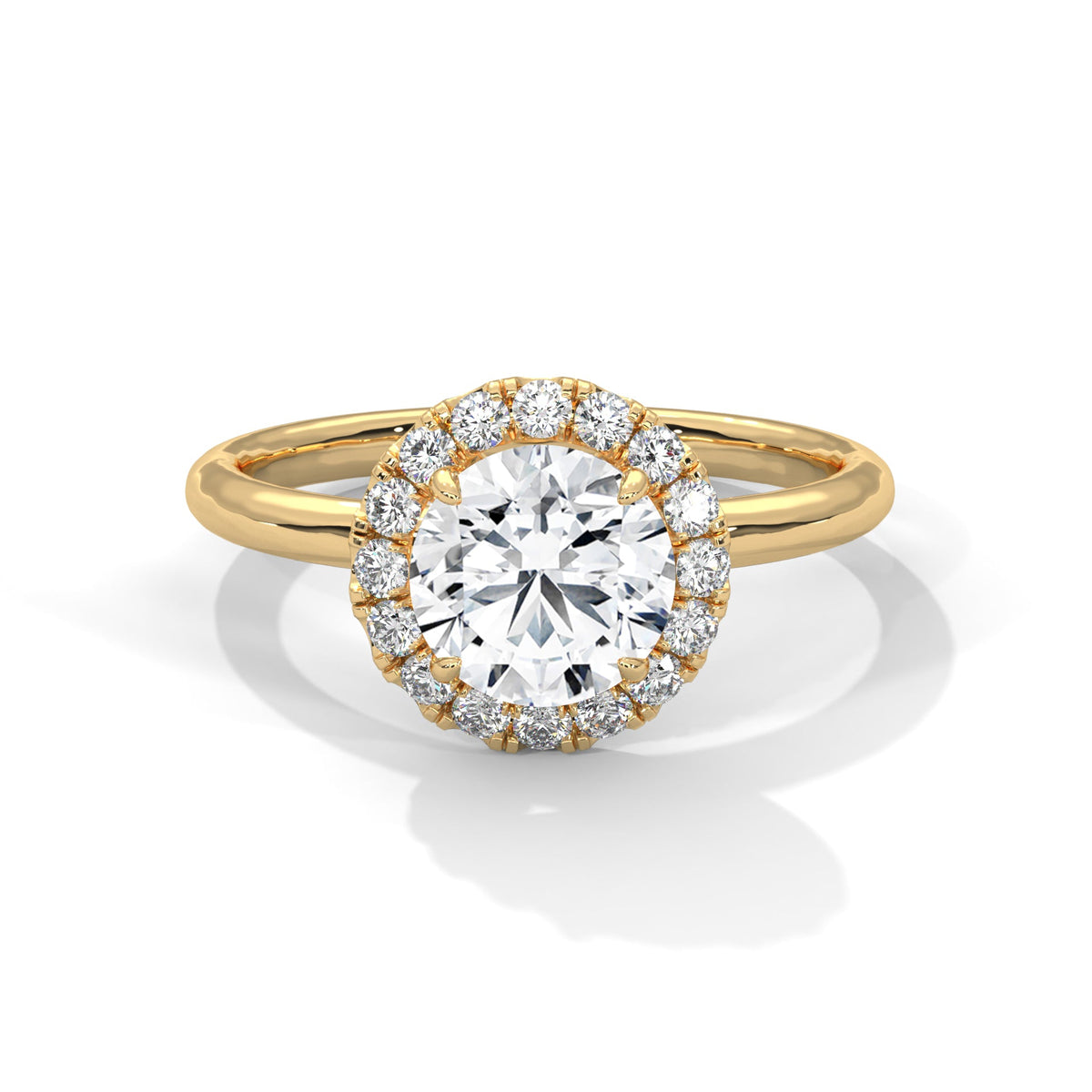 Gold ring with a large diamond on a white background 