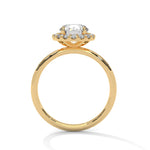 Gold ring with a large diamond on a white background 