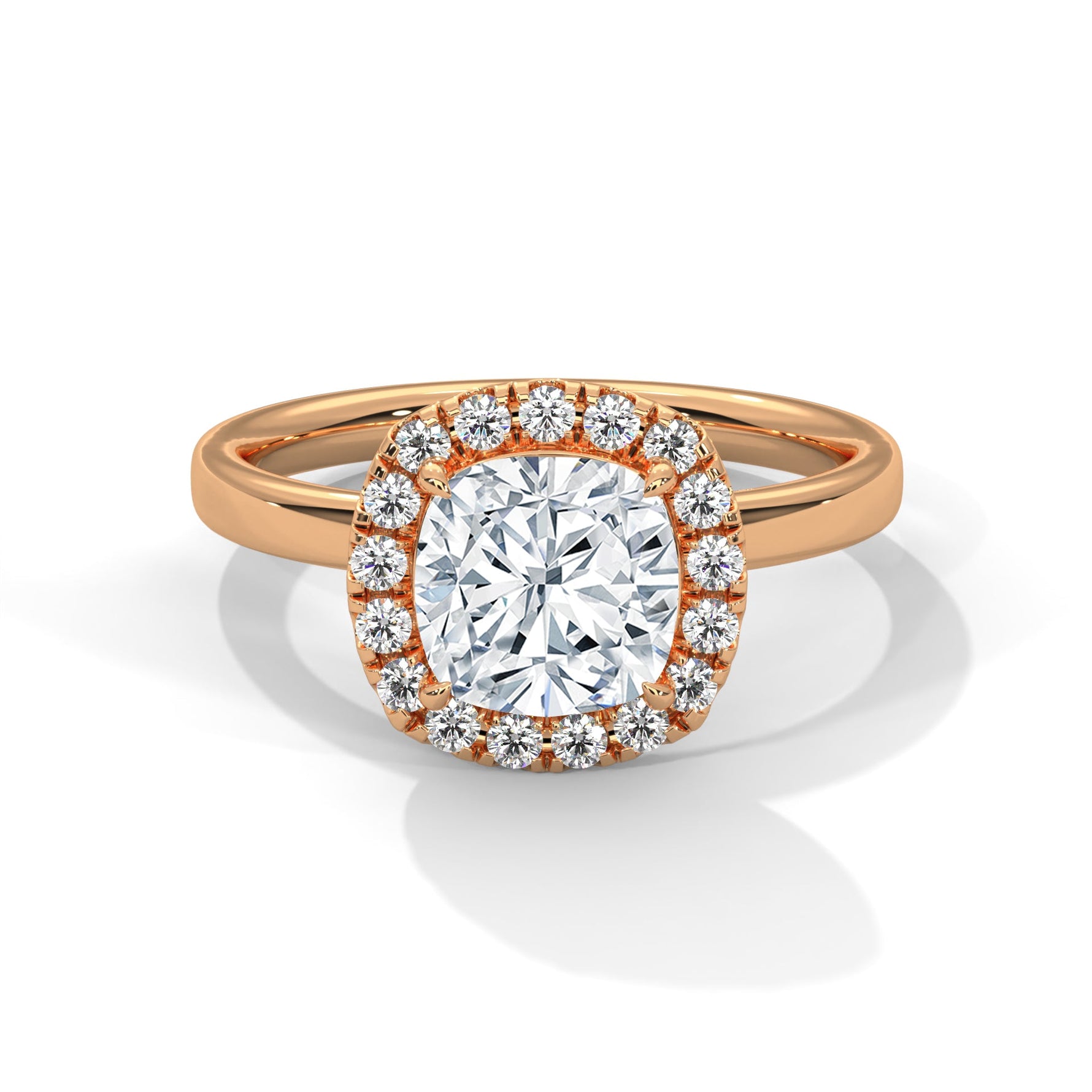 Rose gold ring with a large diamond on a white background #rose-gold