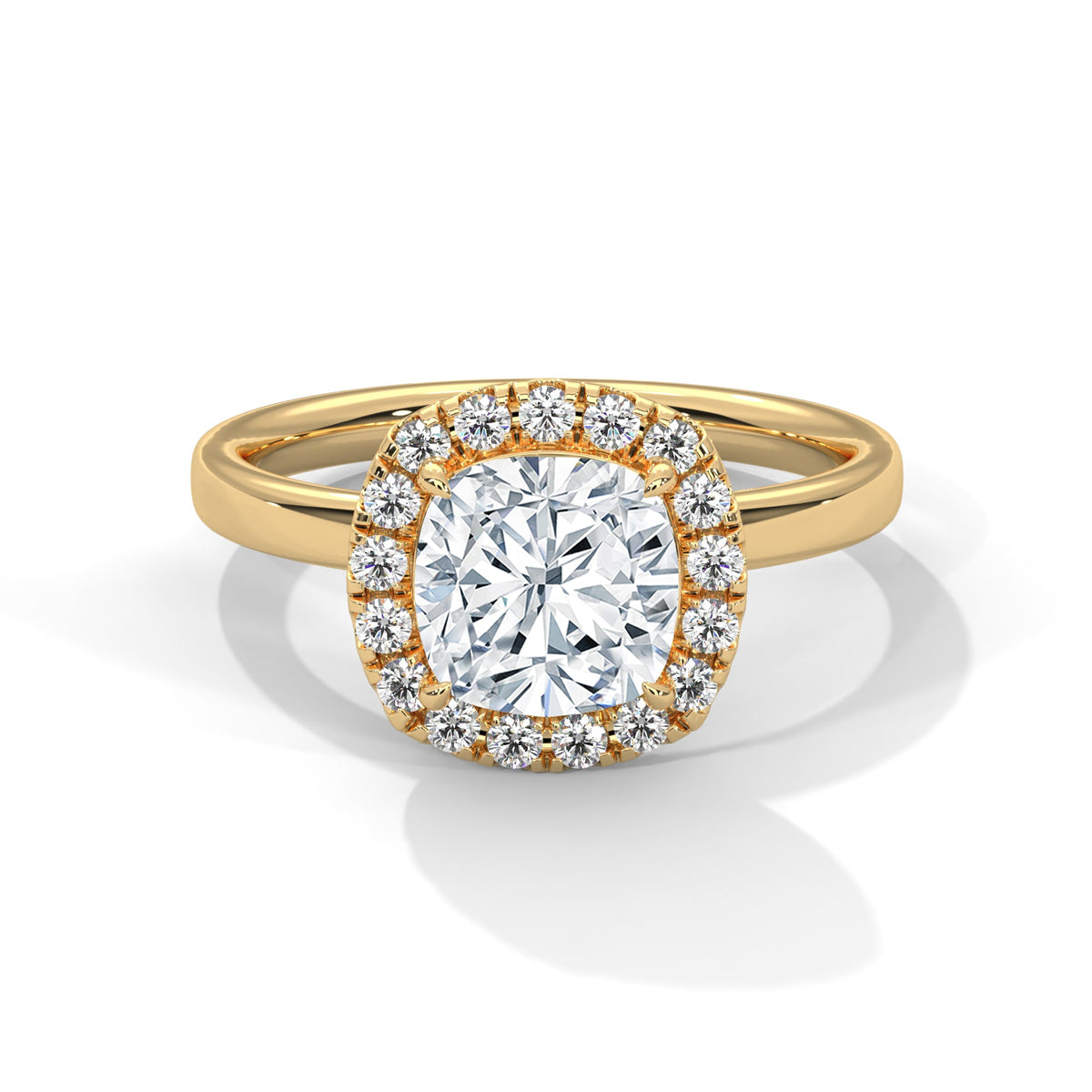 Gold ring with a large diamond on a white background 