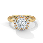 Gold ring with a large diamond on a white background 