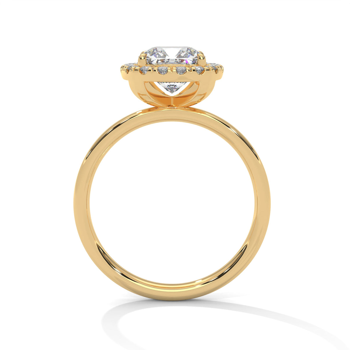 Gold ring with a large diamond on a white background 
