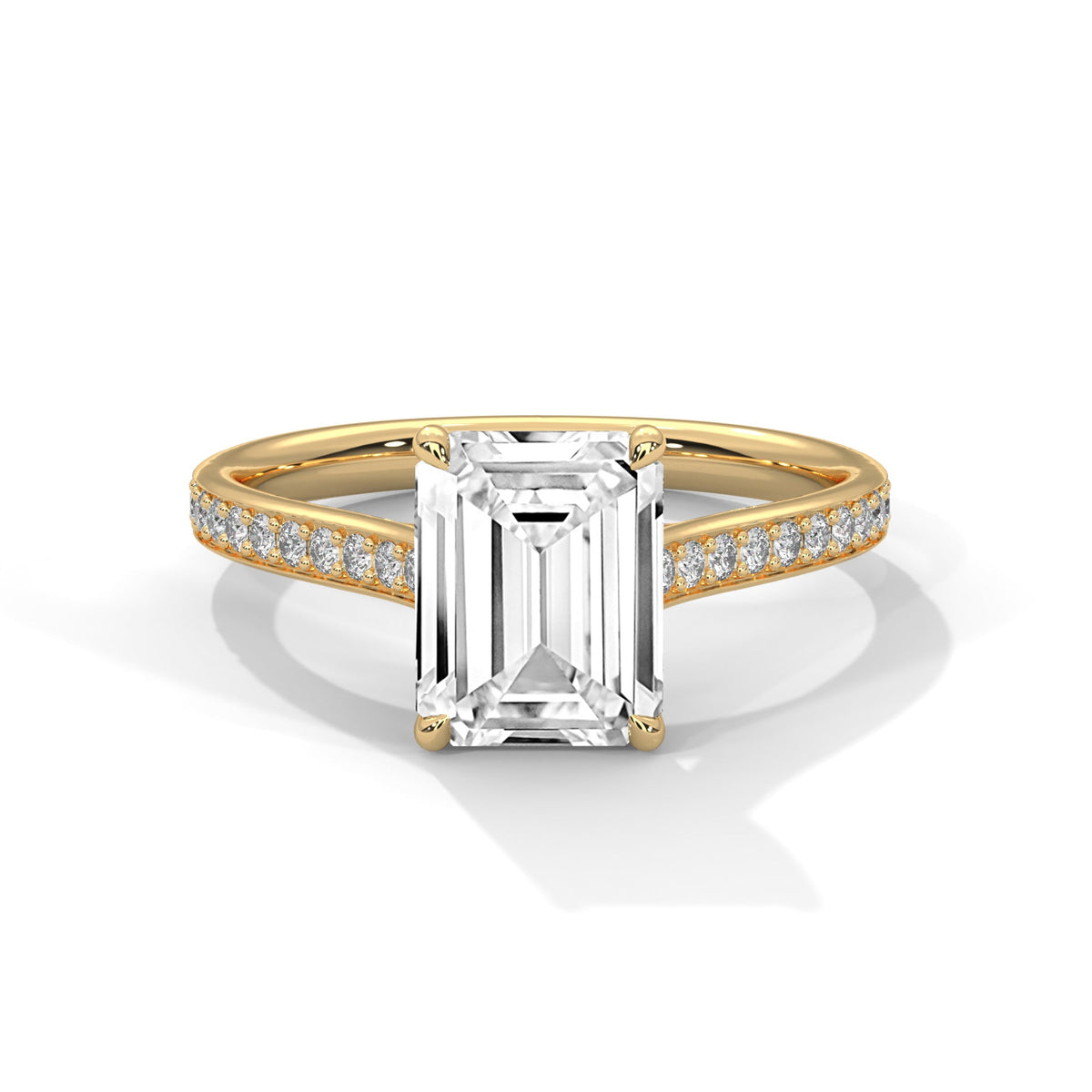 Gold ring with a large diamond on a white background 