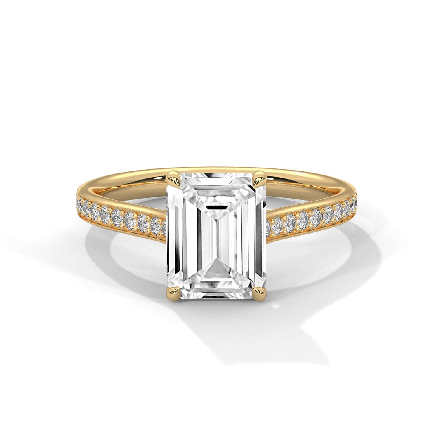 Gold ring with a large diamond on a white background 