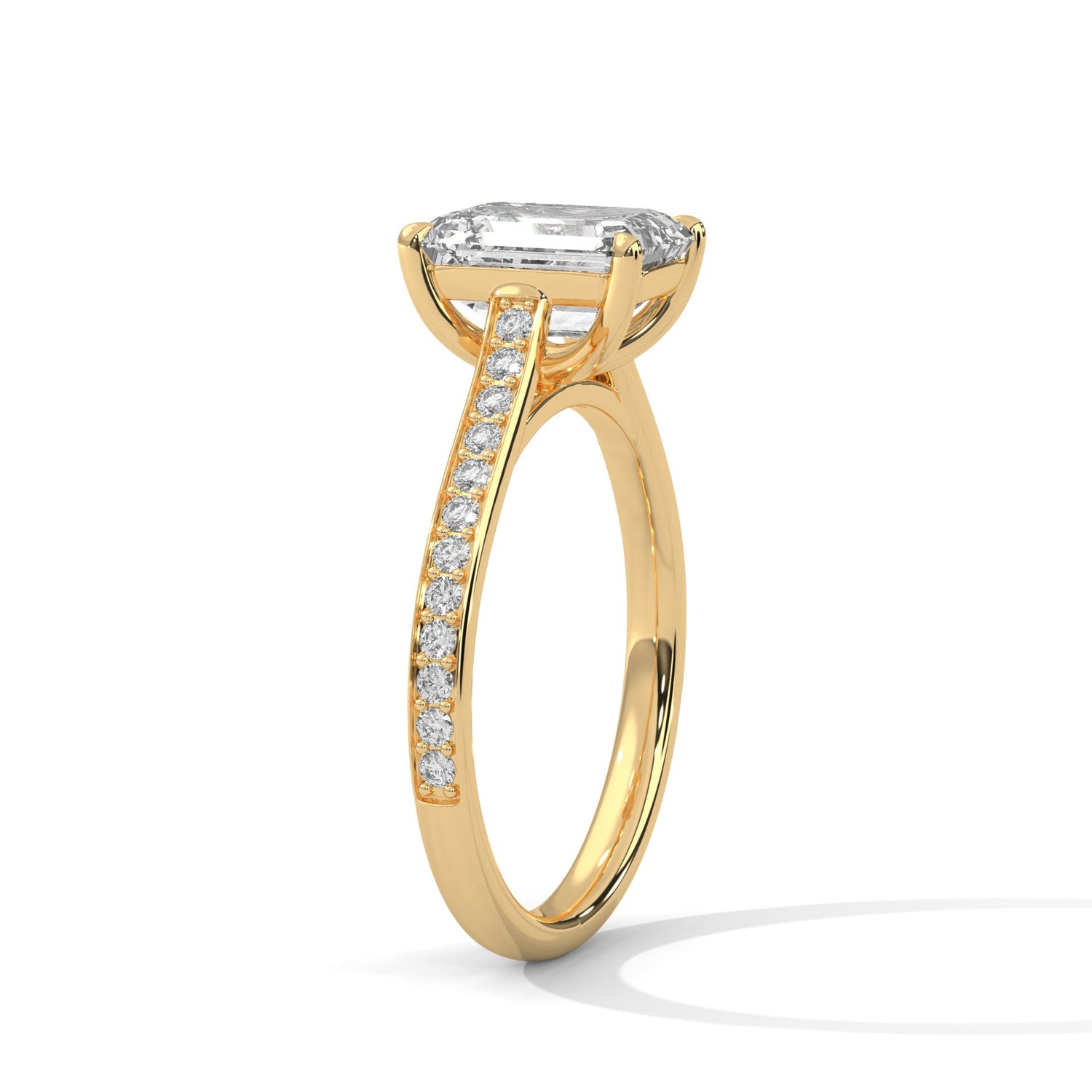 Gold ring with a large diamond on a white background 