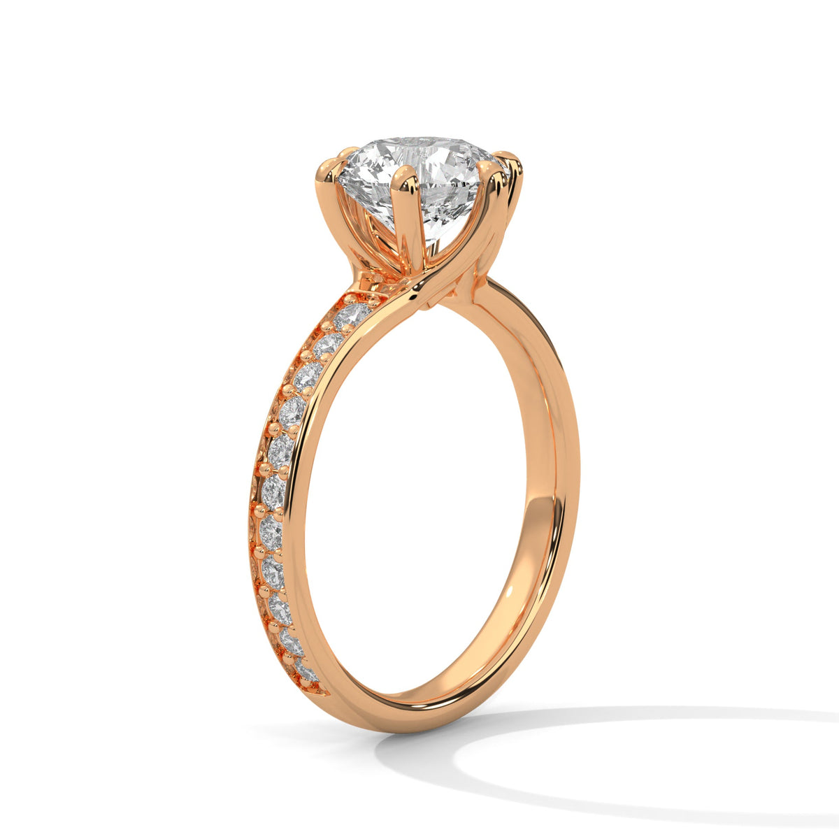 Rose gold ring with a large diamond on a white background 
