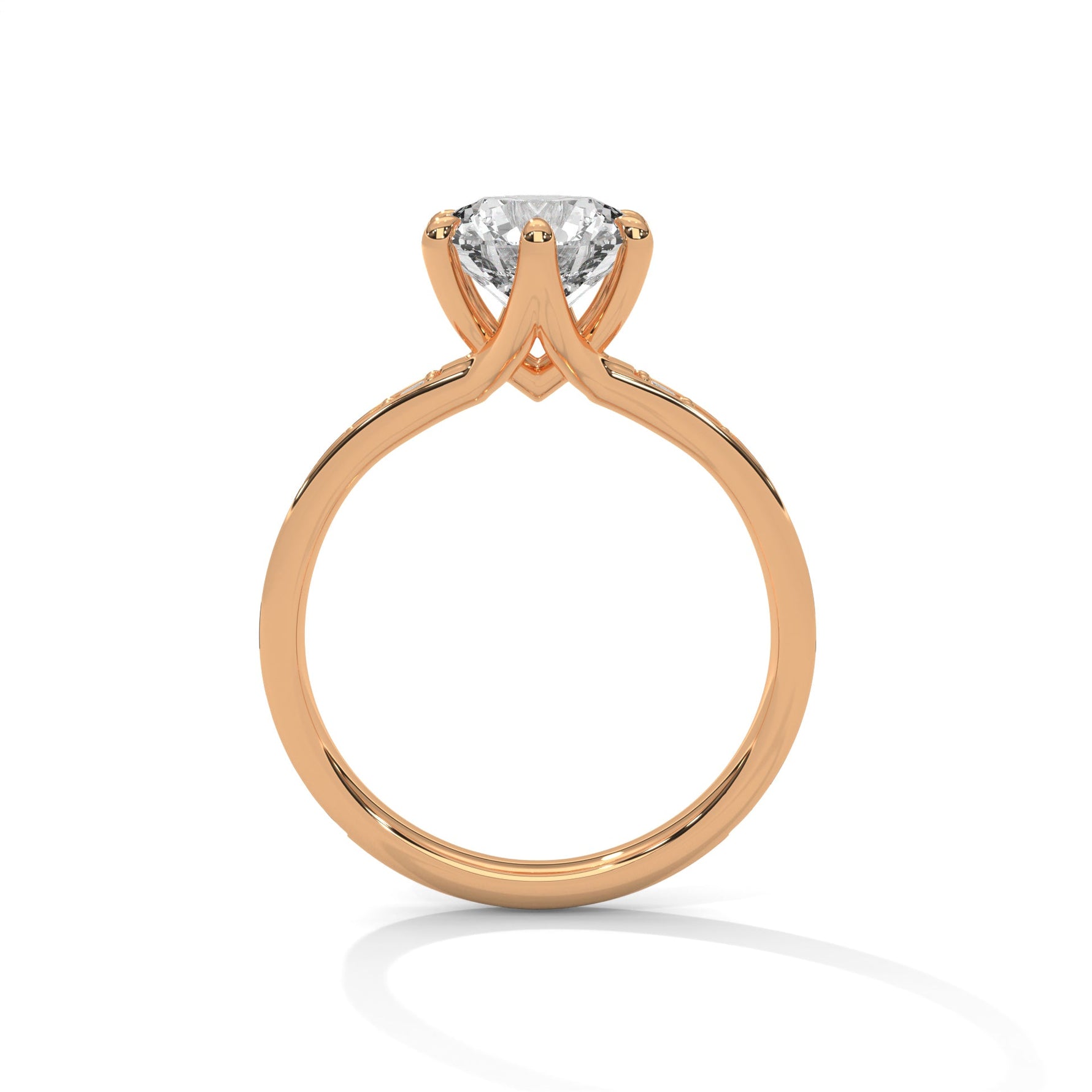 Rose gold ring with a large diamond on a white background 
