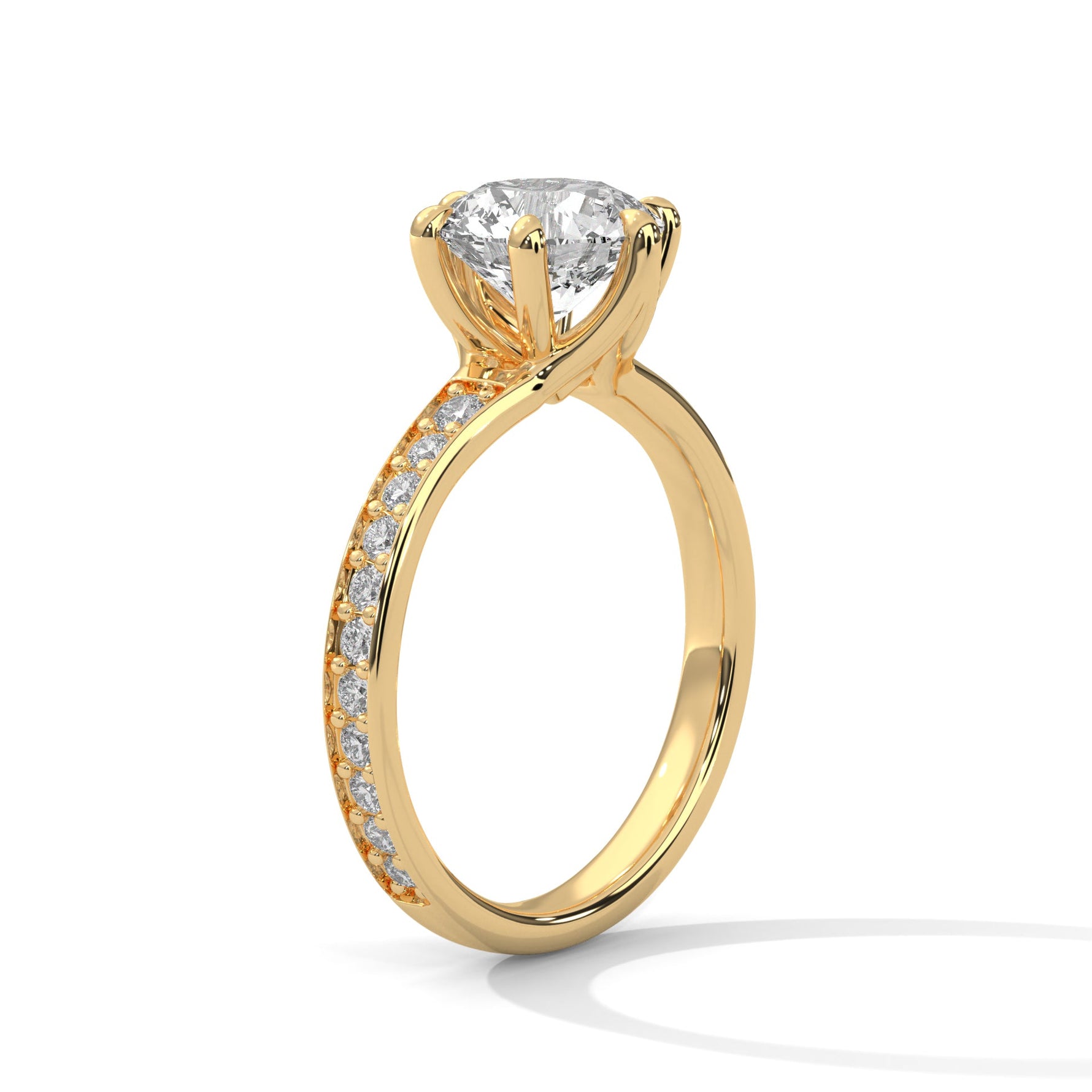 Gold ring with a large diamond on a white background 