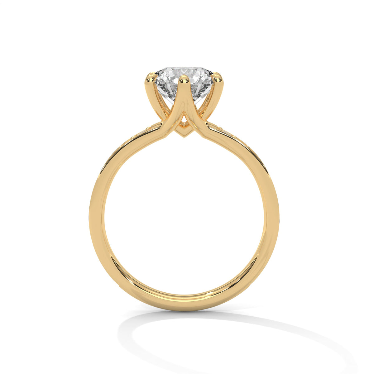 Gold ring with a large diamond on a white background 