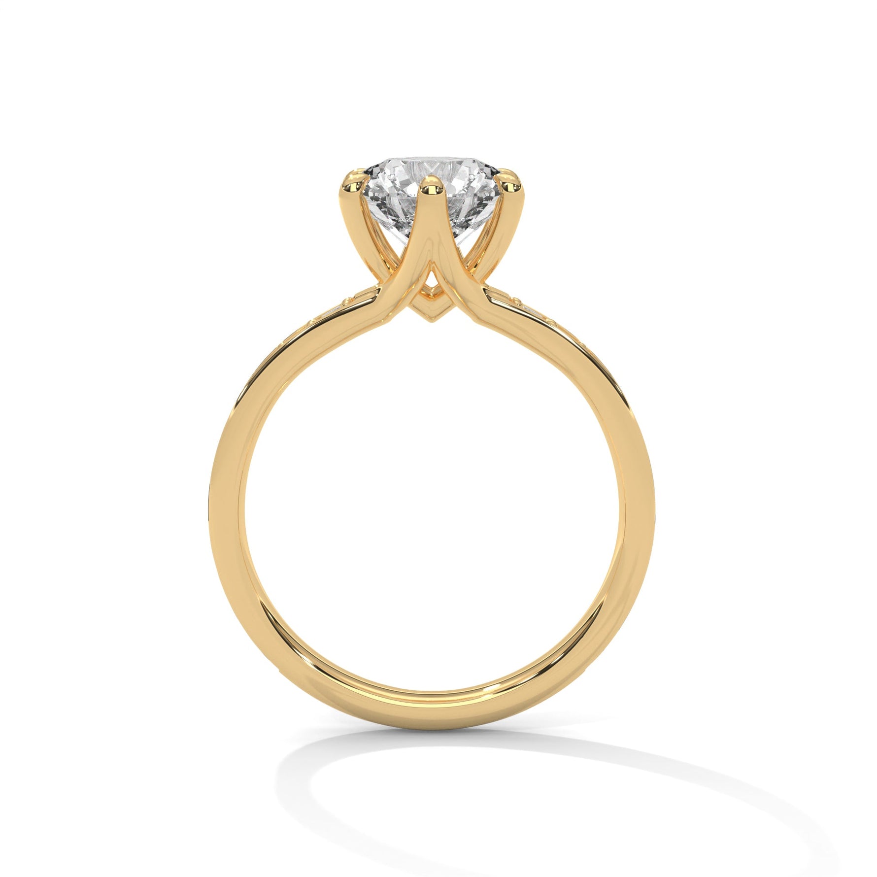 Gold ring with a large diamond on a white background 
