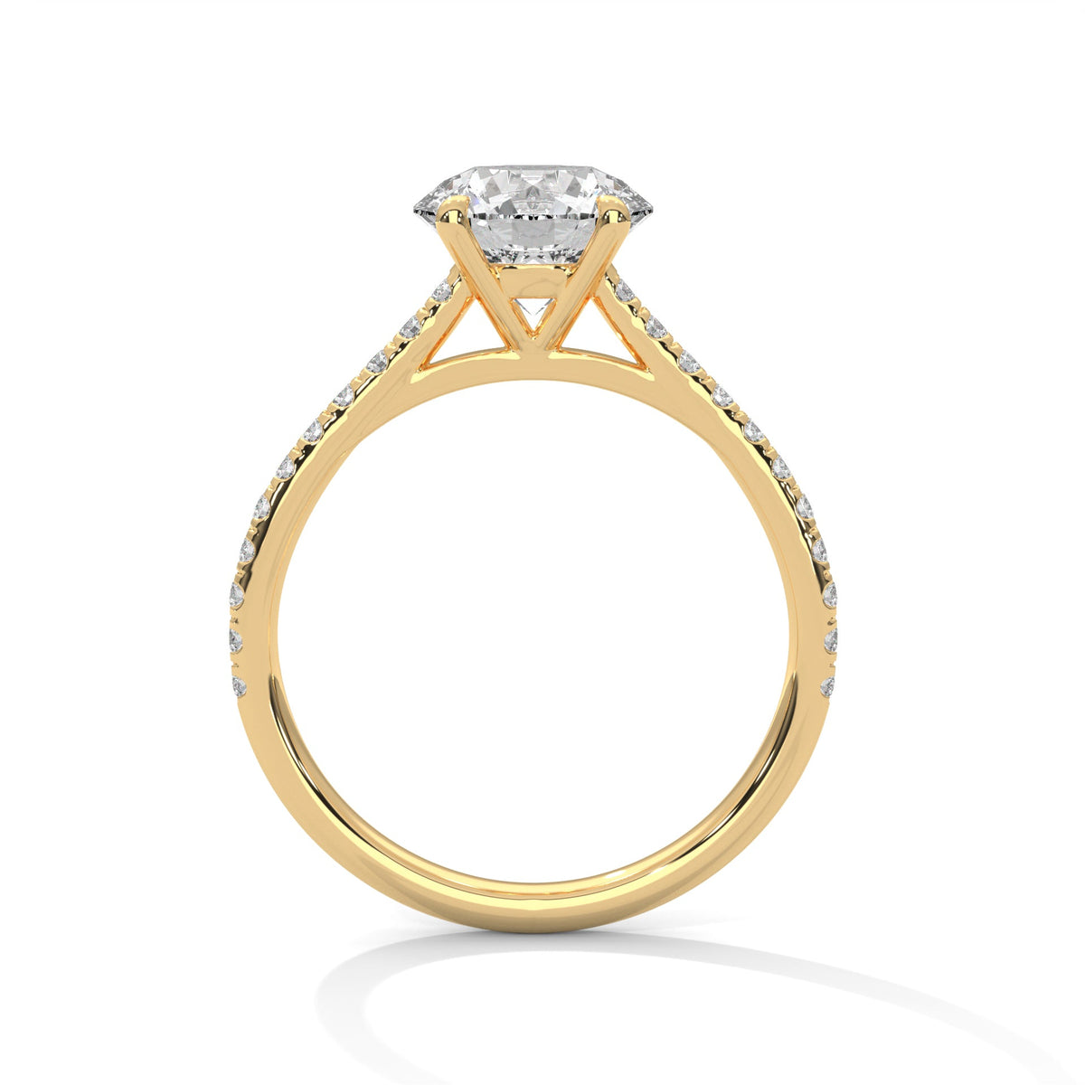 Gold ring with a large diamond on a white background 