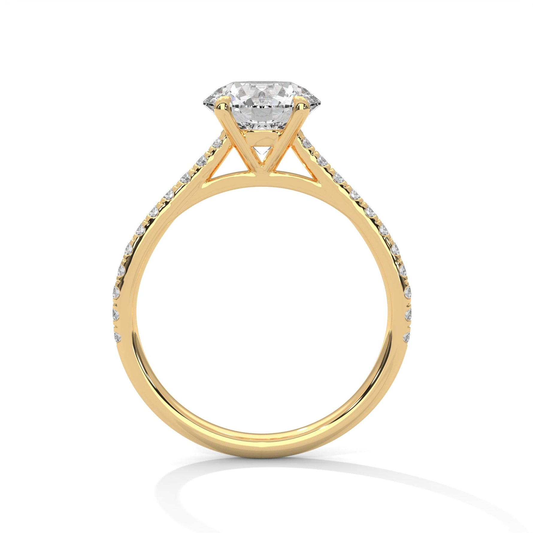 Gold ring with a large diamond on a white background 
