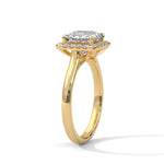 Gold ring with a large diamond on a white background 