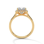 Gold ring with a large diamond on a white background 