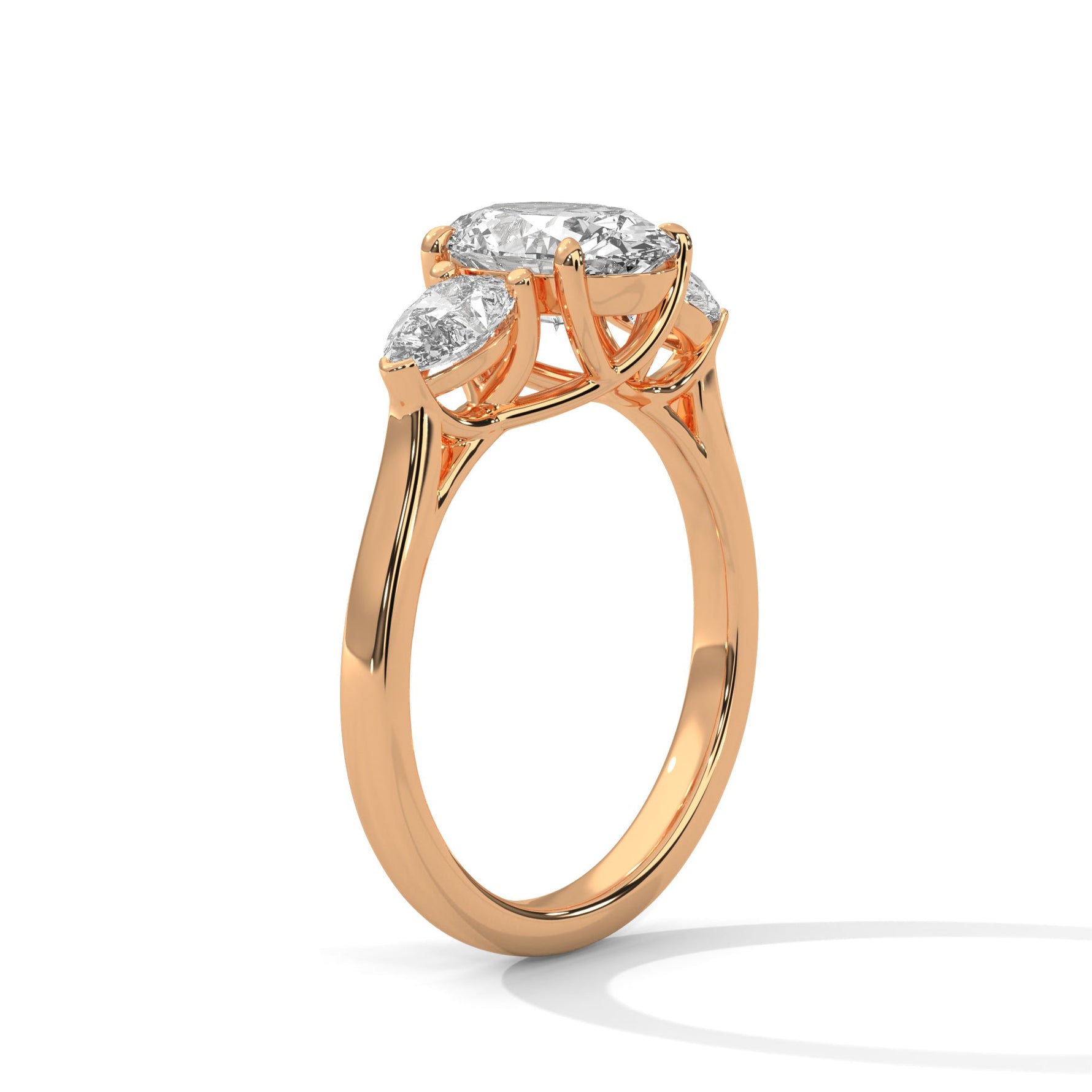 Rose gold ring with a large diamond on a white background 