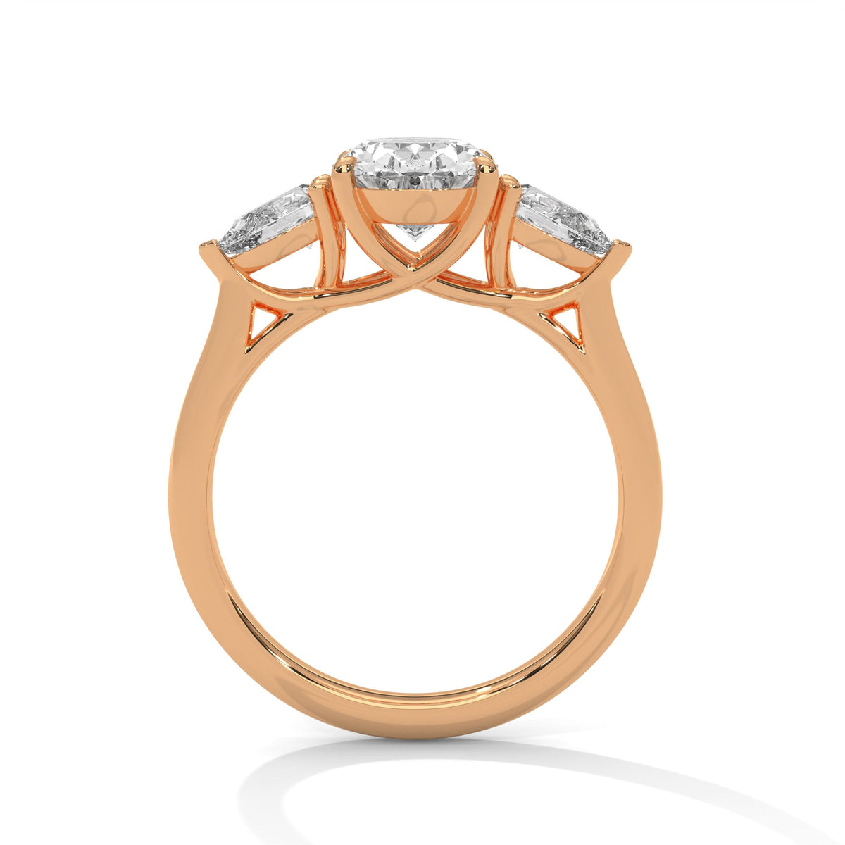 Rose gold ring with a large diamond on a white background 