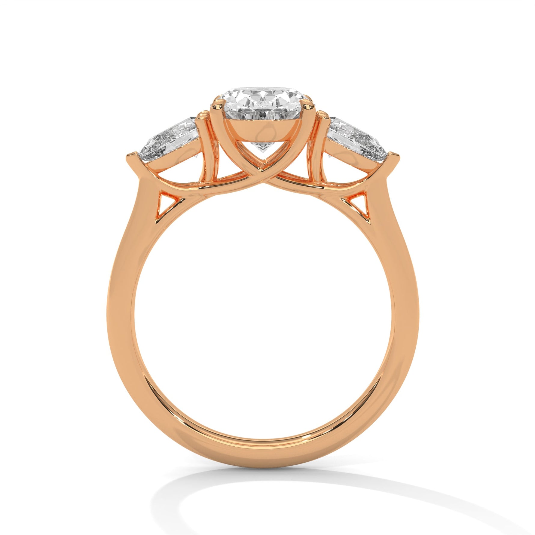 Rose gold ring with a large diamond on a white background 