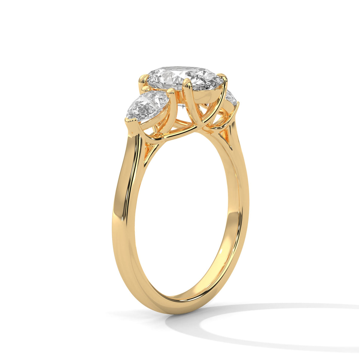 Gold ring with a large diamond on a white background 