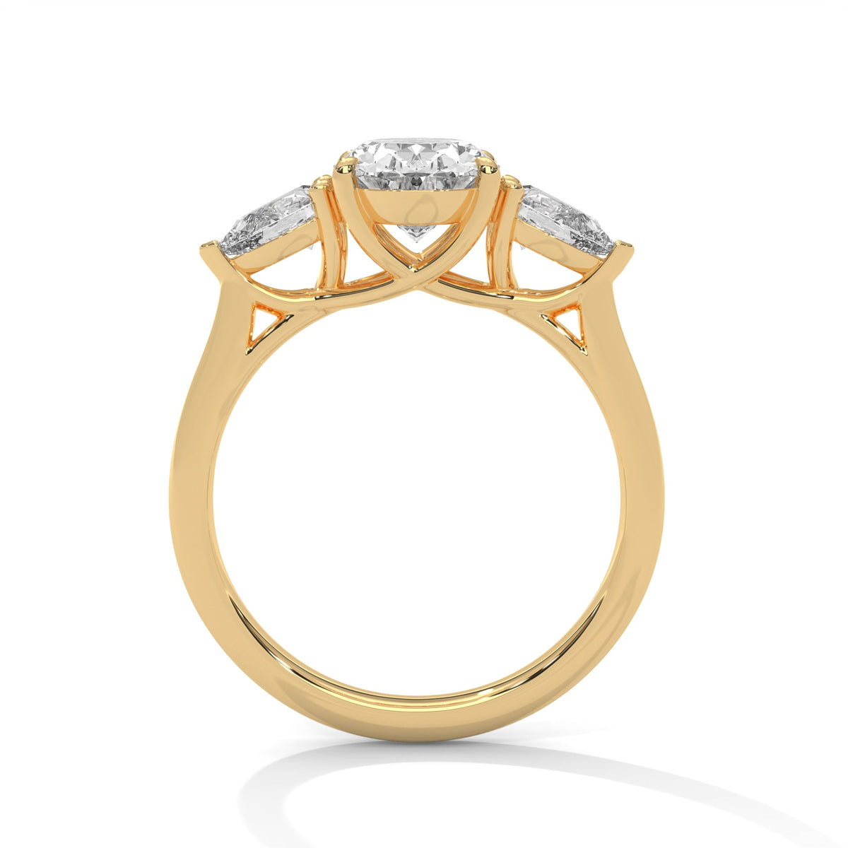 Gold ring with a large diamond on a white background 