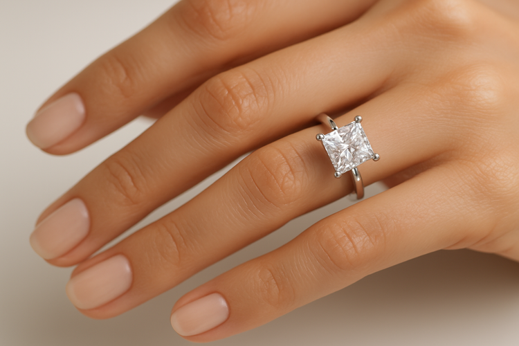 woman wearing a diamond engagement ring with hand showing clearly..with a princess cut